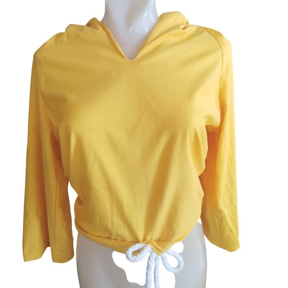 1OF1 Medium Boho Yellow Drawstring Hoodie Crop Top 1970's Handmade Hippy - Picture 2 of 5